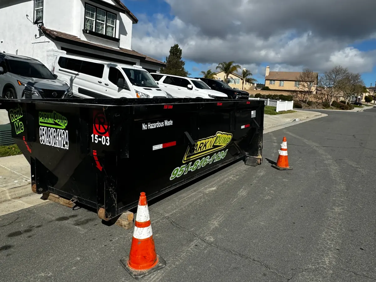 Park N Dump 15 yard dumpster on a residential street, with orange cones around it