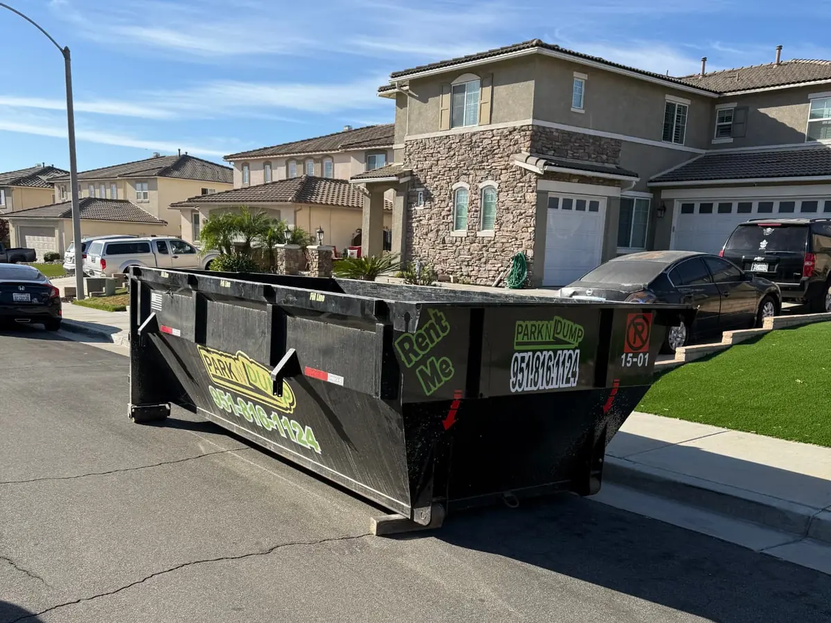 Park N Dump 15 yard dumpster at the curb in front of a home in Menifee
